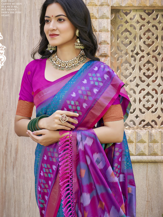 Sea Green Pochampalli Silk Saree With Blouse Piece