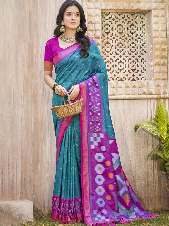 Sea Green Pochampalli Silk Saree With Blouse Piece