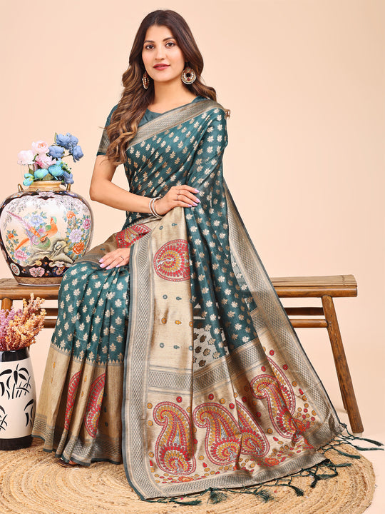 Sea Green Linen Cotton Saree With Blouse Piece