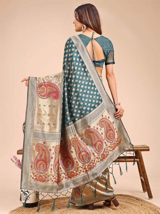 Sea Green Linen Cotton Saree With Blouse Piece