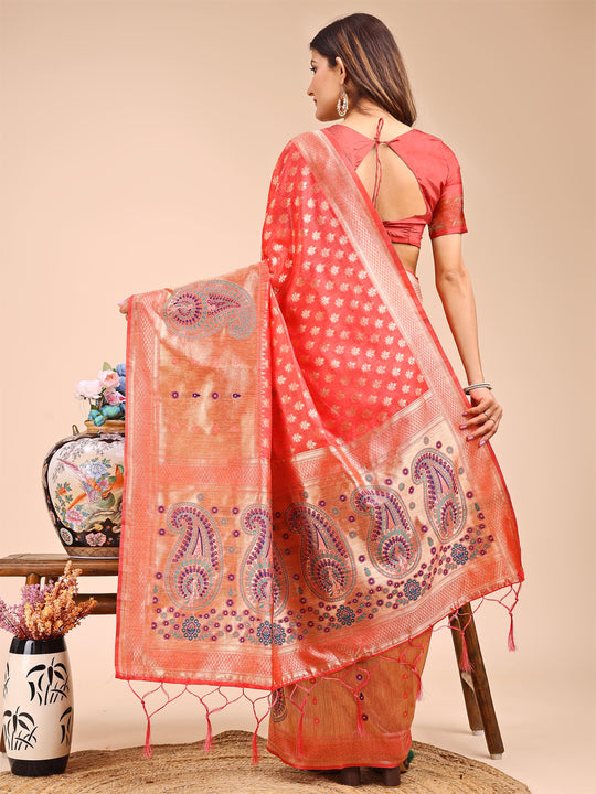 Peach Linen Cotton Saree With Blouse Piece