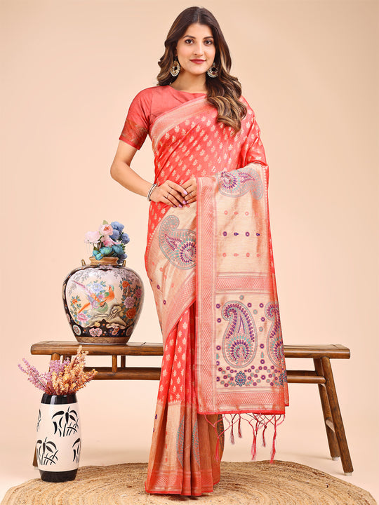 Peach Linen Cotton Saree With Blouse Piece