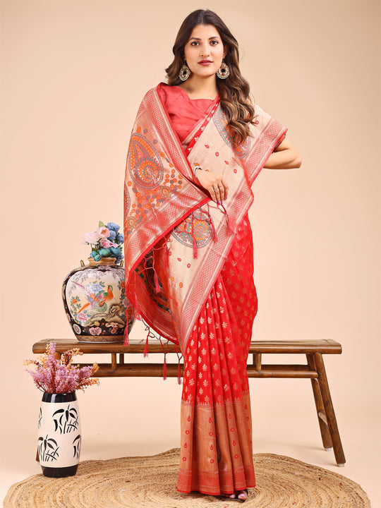 Red Linen Cotton Saree With Blouse Piece