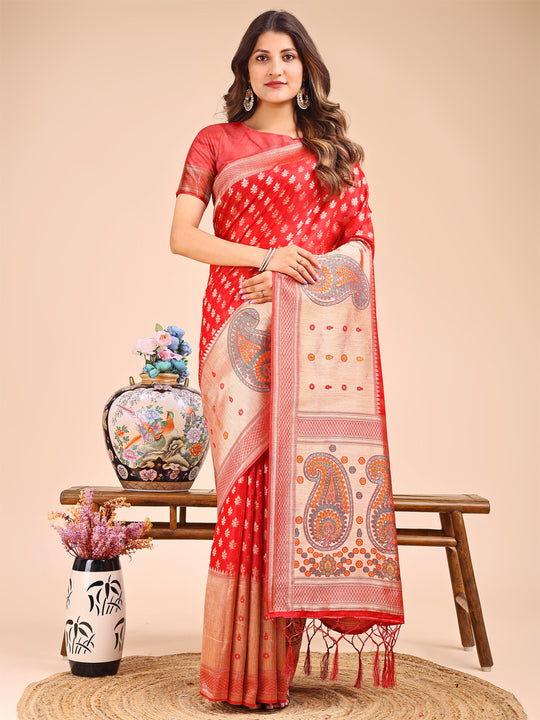 Red Linen Cotton Saree With Blouse Piece