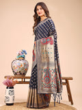 Navy Blue Linen Cotton Saree With Blouse Piece