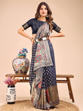 Navy Blue Linen Cotton Saree With Blouse Piece