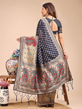 Navy Blue Linen Cotton Saree With Blouse Piece