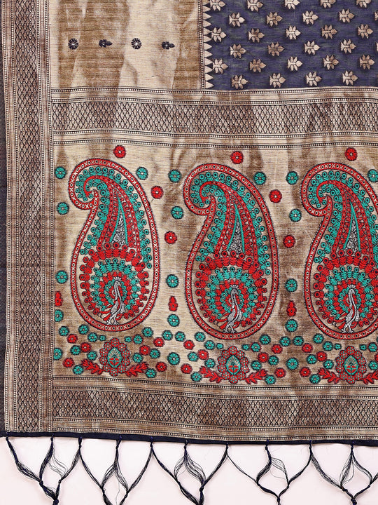 Navy Blue Linen Cotton Saree With Blouse Piece