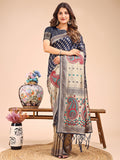 Navy Blue Linen Cotton Saree With Blouse Piece