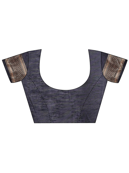 Navy Blue Linen Cotton Saree With Blouse Piece