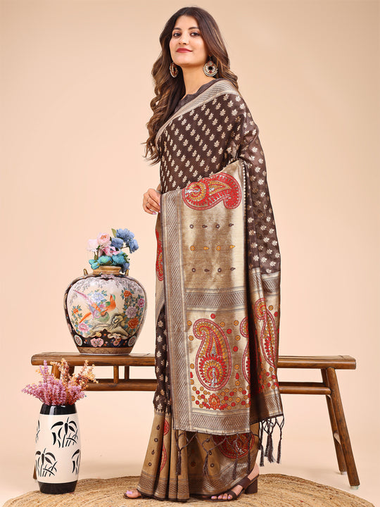 Brown Linen Cotton Saree With Blouse Piece