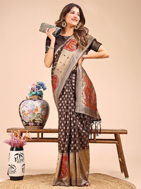 Brown Linen Cotton Saree With Blouse Piece