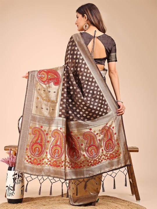 Brown Linen Cotton Saree With Blouse Piece