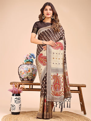 Brown Linen Cotton Saree With Blouse Piece