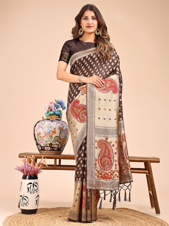 Brown Linen Cotton Saree With Blouse Piece