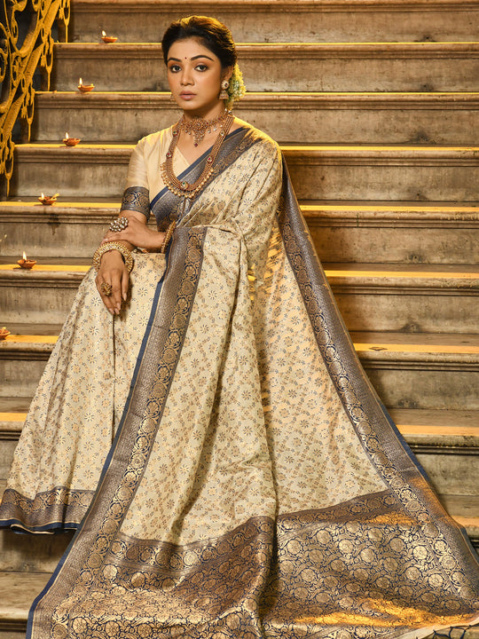 Navy Blue Banarasi Silk Saree With Blouse Piece