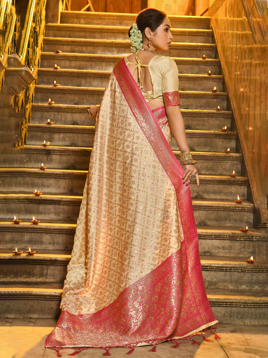 Pink Banarasi Silk Saree With Blouse Piece