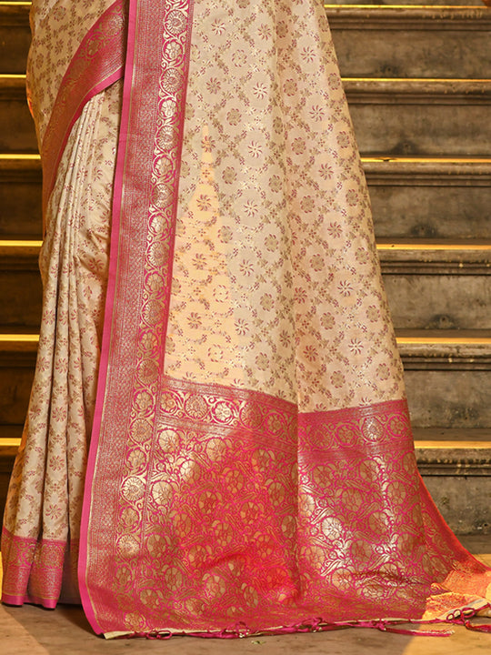 Pink Banarasi Silk Saree With Blouse Piece