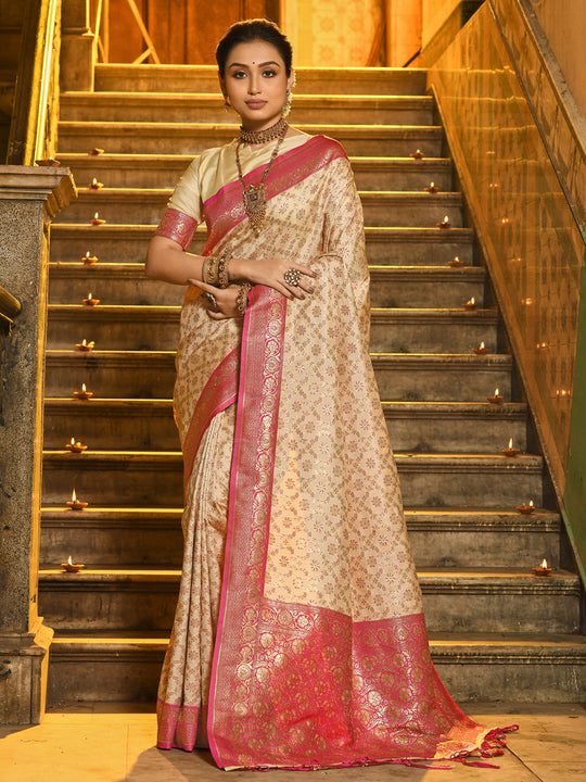 Pink Banarasi Silk Saree With Blouse Piece