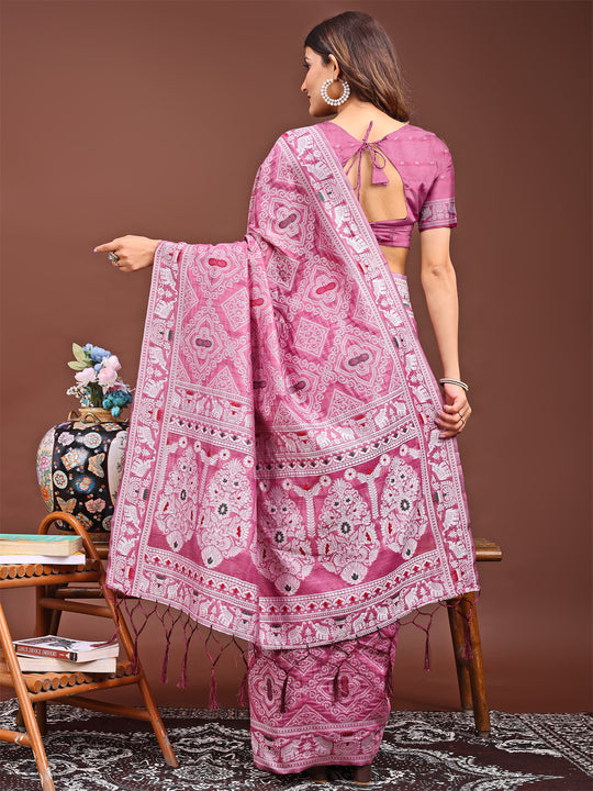 Pink Linen Cotton Saree With Blouse Piece
