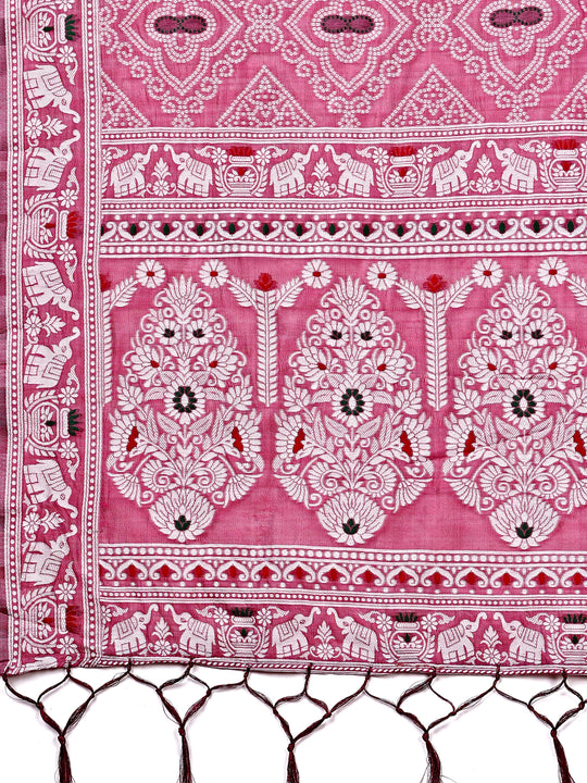 Pink Linen Cotton Saree With Blouse Piece