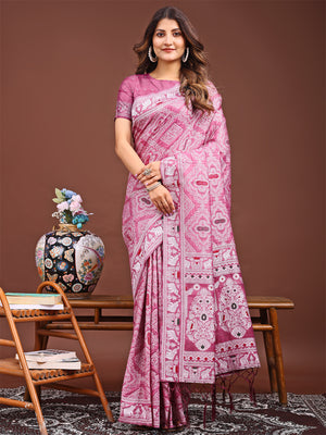 Pink Linen Cotton Saree With Blouse Piece