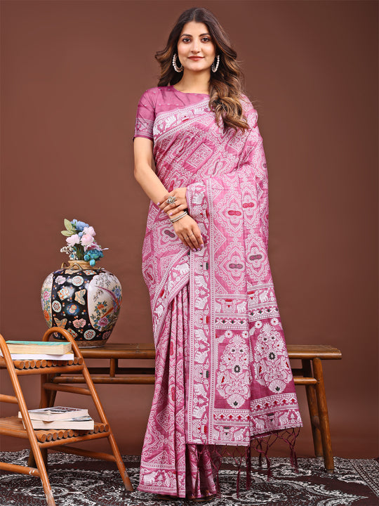 Pink Linen Cotton Saree With Blouse Piece