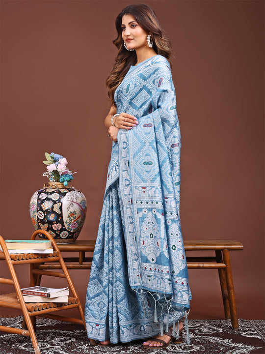 Sky Blue Linen Cotton Saree With Blouse Piece
