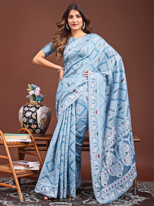 Sky Blue Linen Cotton Saree With Blouse Piece