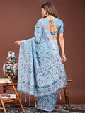 Sky Blue Linen Cotton Saree With Blouse Piece