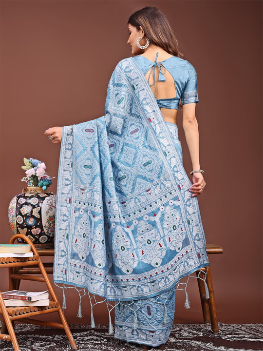 Sky Blue Linen Cotton Saree With Blouse Piece