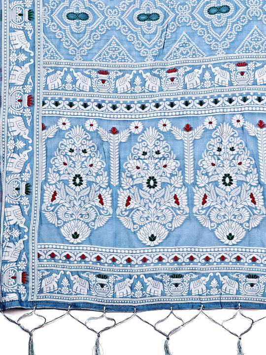 Sky Blue Linen Cotton Saree With Blouse Piece