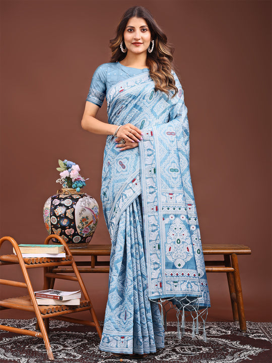 Sky Blue Linen Cotton Saree With Blouse Piece