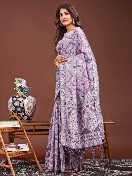 Purple Linen Cotton Saree With Blouse Piece