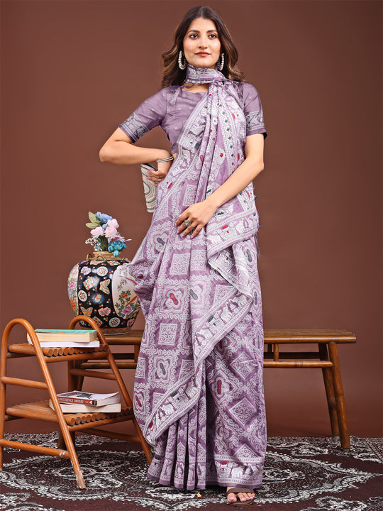 Purple Linen Cotton Saree With Blouse Piece