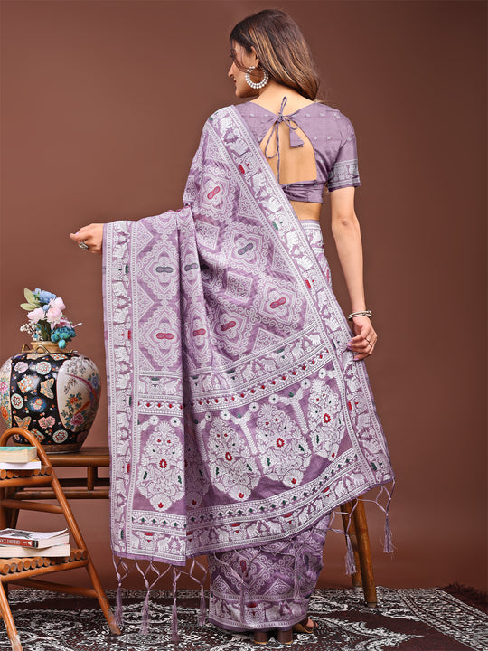 Purple Linen Cotton Saree With Blouse Piece