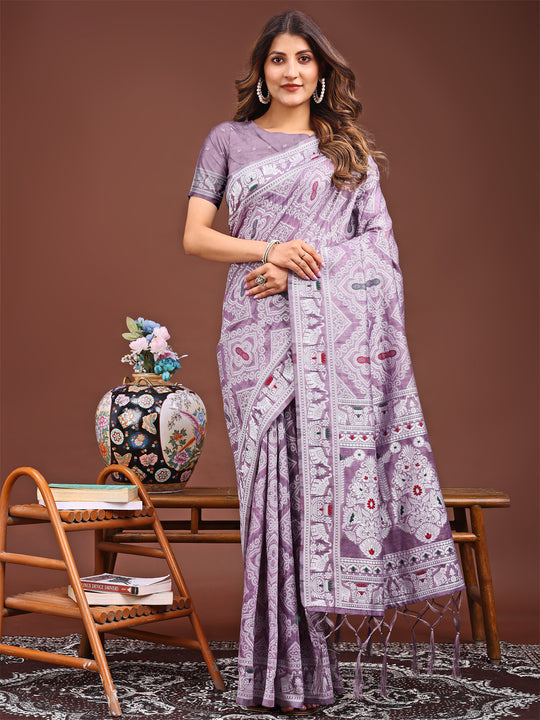 Purple Linen Cotton Saree With Blouse Piece