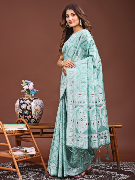Sea Green Linen Cotton Saree With Blouse Piece