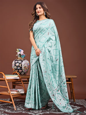 Sea Green Linen Cotton Saree With Blouse Piece