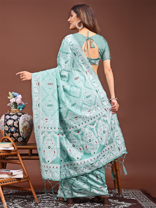 Sea Green Linen Cotton Saree With Blouse Piece