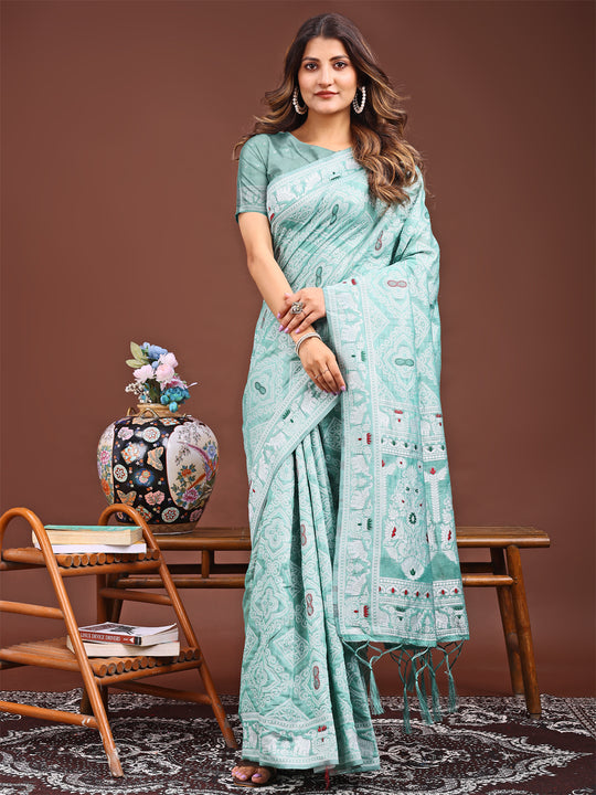 Sea Green Linen Cotton Saree With Blouse Piece