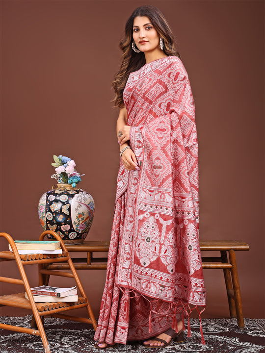 Peach Linen Cotton Saree With Blouse Piece