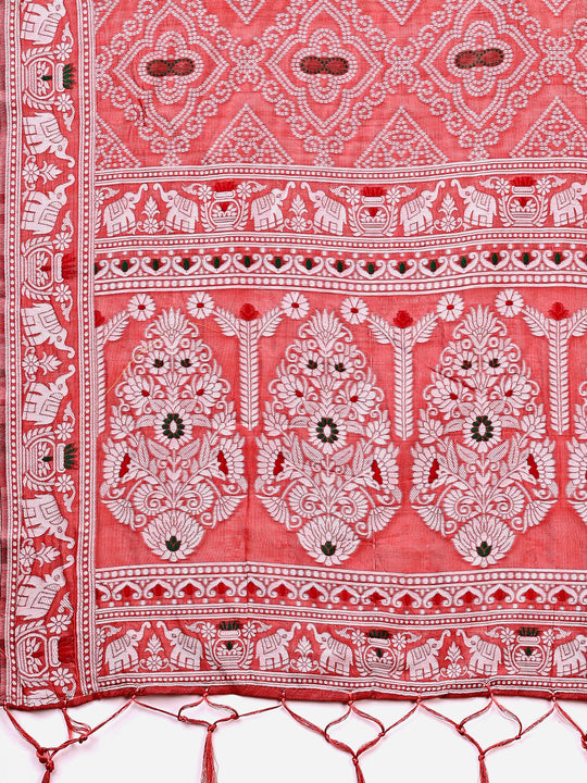 Peach Linen Cotton Saree With Blouse Piece