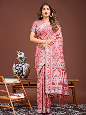 Peach Linen Cotton Saree With Blouse Piece
