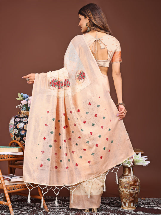 Cream Linen Cotton Saree With Blouse Piece