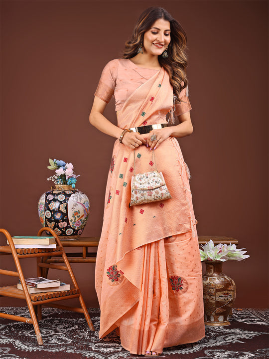 Peach Linen Cotton Saree With Blouse Piece