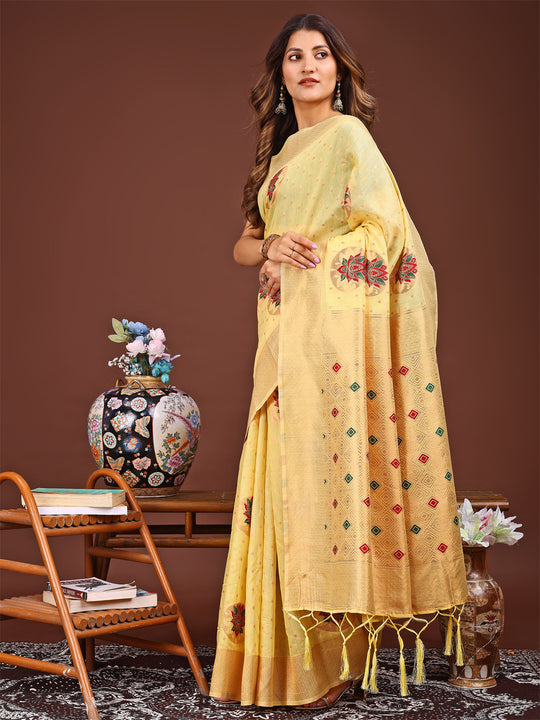 Yellow Linen Cotton Saree With Blouse Piece