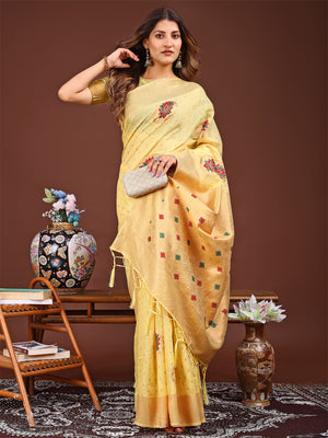 Yellow Linen Cotton Saree With Blouse Piece