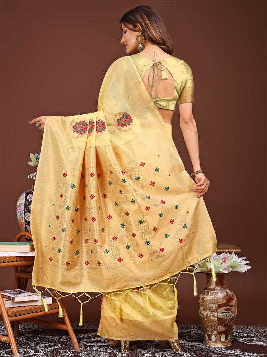 Yellow Linen Cotton Saree With Blouse Piece