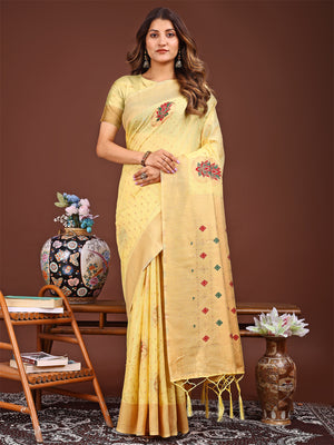 Yellow Linen Cotton Saree With Blouse Piece
